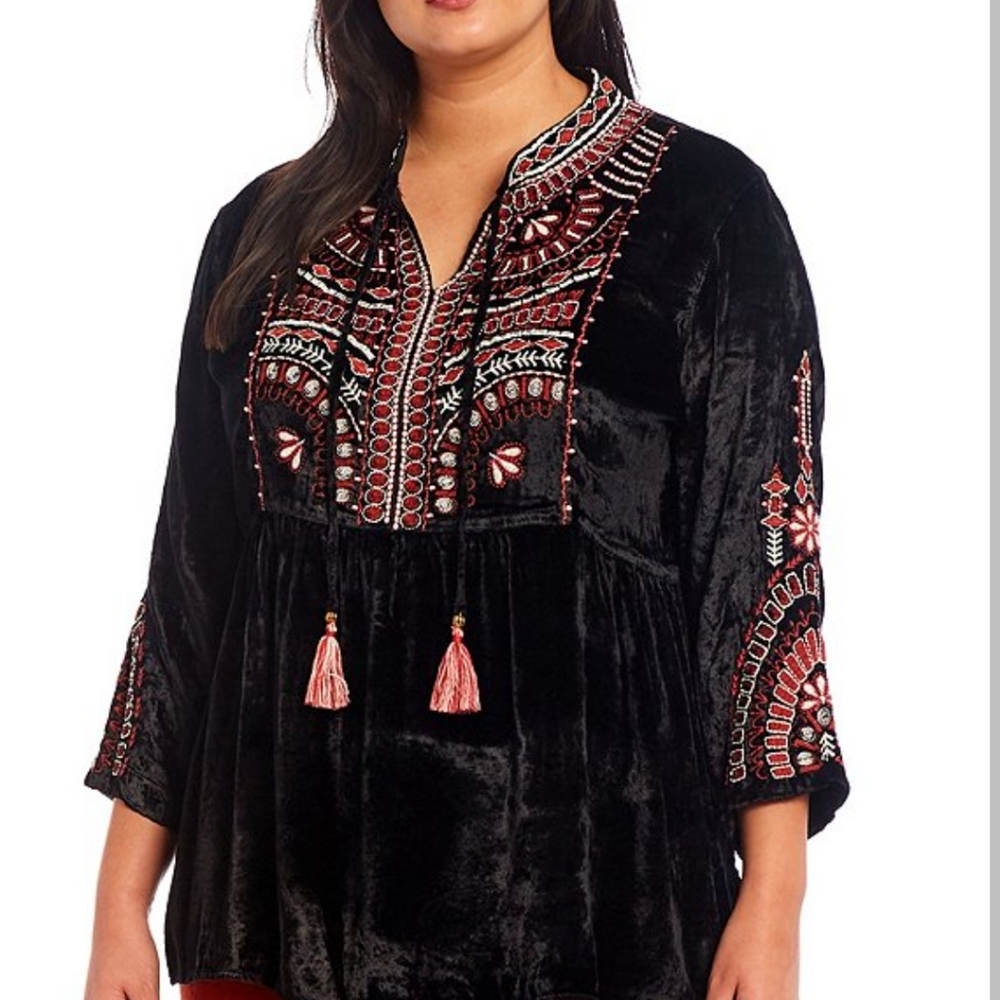 New John Mark Embroidered Placket Tunic Velvet Top